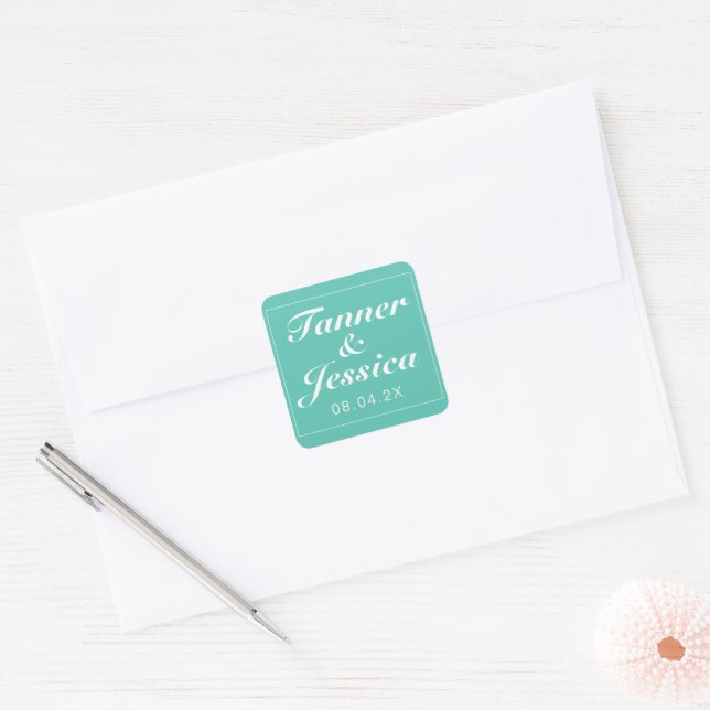 Aqua & White Modern Minimalist Wedding  Square Sticker (Envelope)