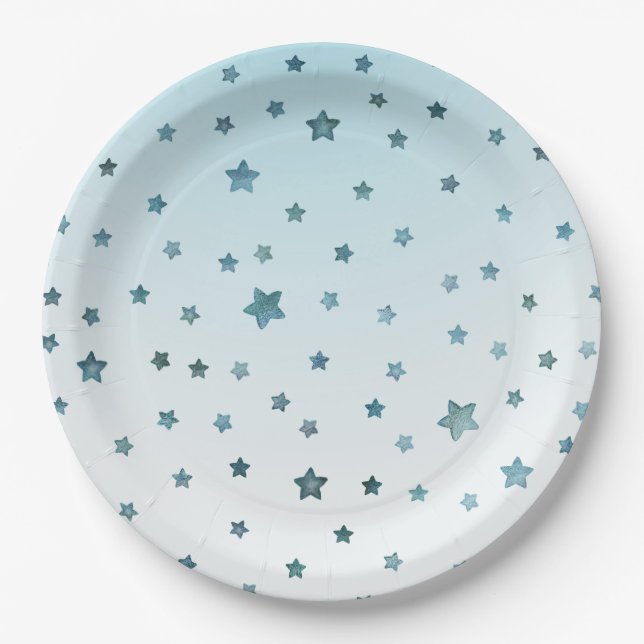 Aqua White Ombre Stars Paper Plate (Front)
