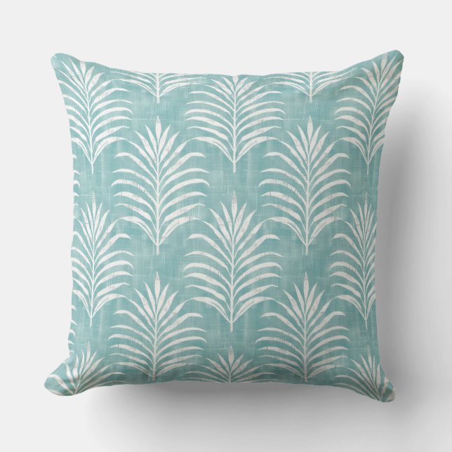 Aqua & White Palm Leaf Throw Pillow (Front)