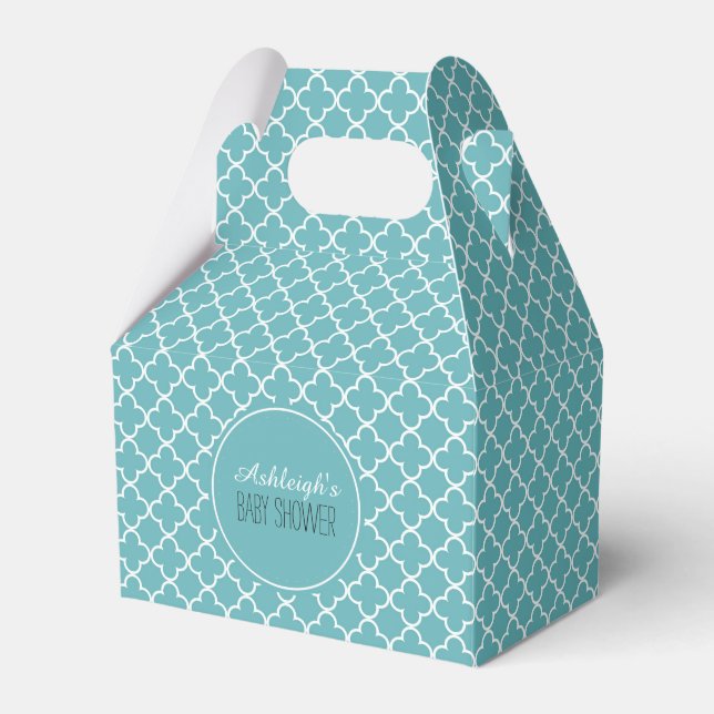 Aqua White Quatrefoil Baby Shower Favour Box (Front Side)