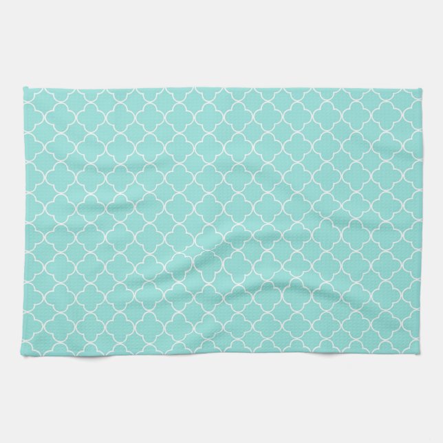 Aqua White Quatrefoil Kitchen Cloth Towel (Horizontal)