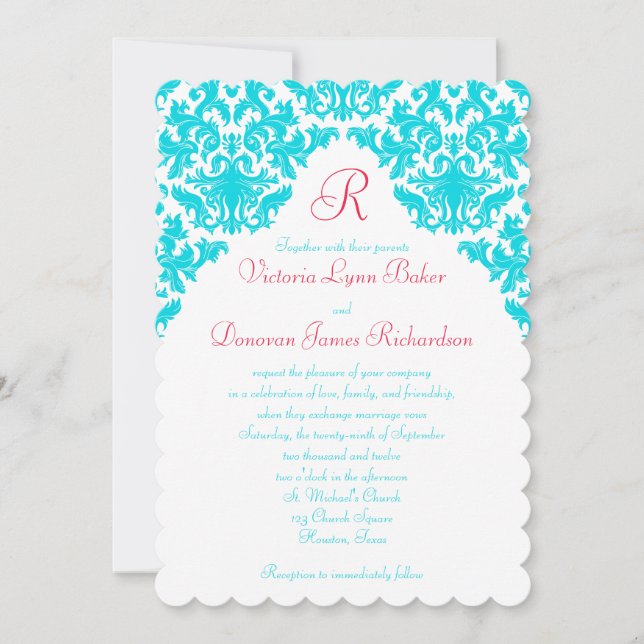 Aqua, White, Red Damask Monogrammed Invite (Front)