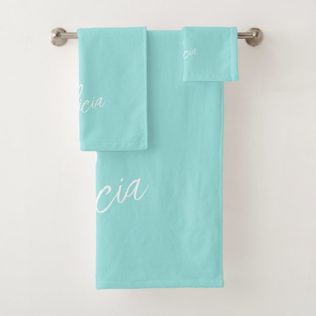Aqua white signature script name personalised bath towel set (Insitu)