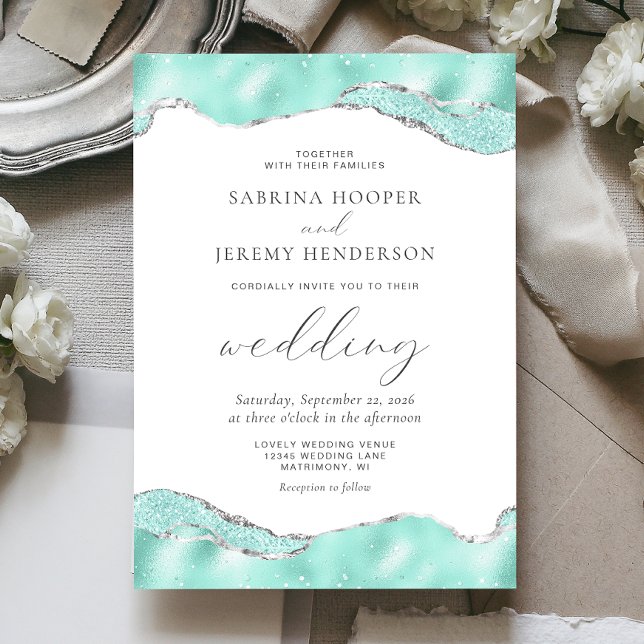 Aqua White Silver Foil Glitter Wedding Invitation (Creator Uploaded)