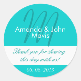 Aqua White Simple Initial Wedding Favour Thank You Classic Round Sticker