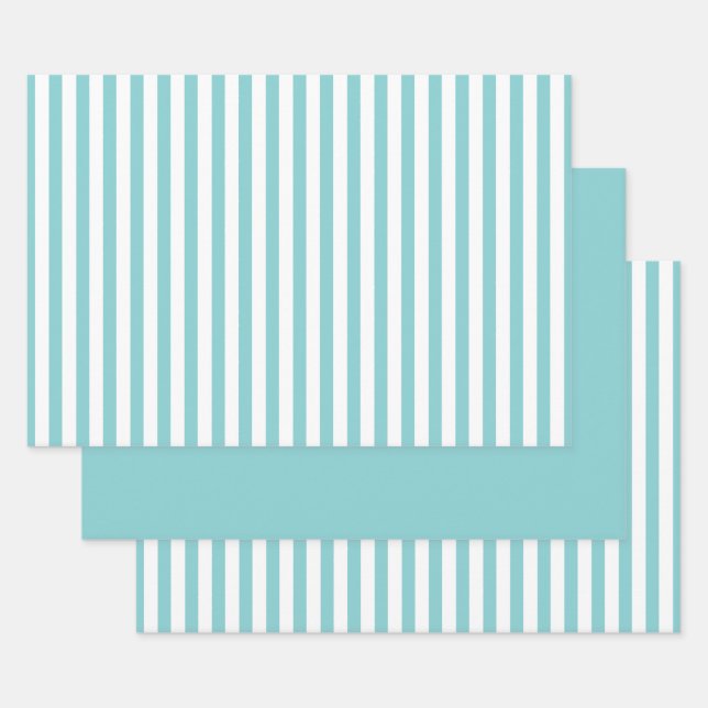 Aqua White Simple Stripes Pattern Geometric Wrapping Paper Sheet (Set)