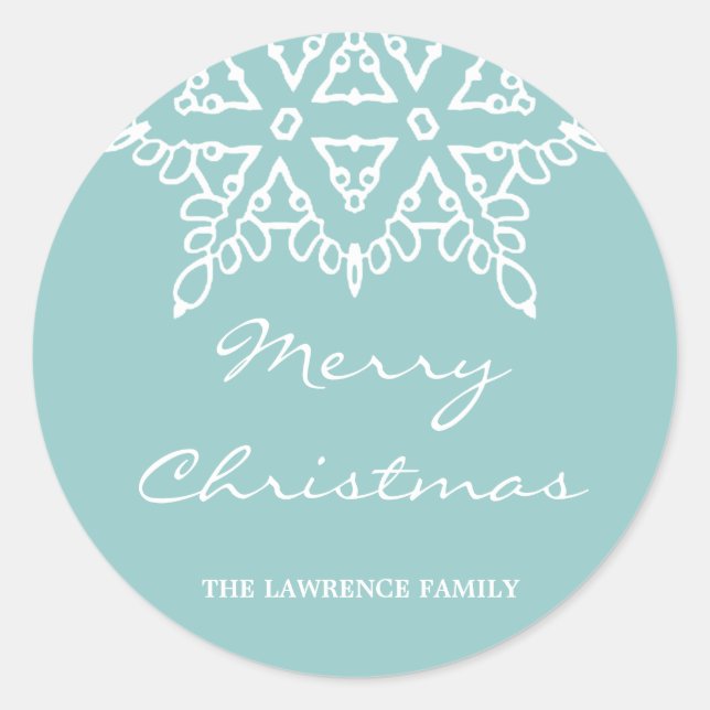 Aqua White Snowflake Christmas Holiday Classic Round Sticker (Front)