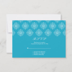Aqua + white snowflake winter wedding RSVP card