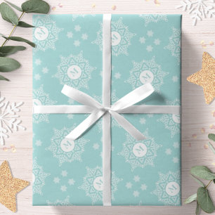 Aqua White Snowflakes Monogram Christmas Holiday Wrapping Paper