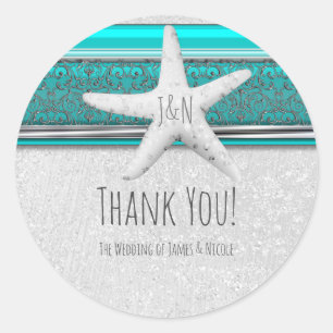 Aqua & White Sparkle Starfish Beach Wedding Favour Classic Round Sticker