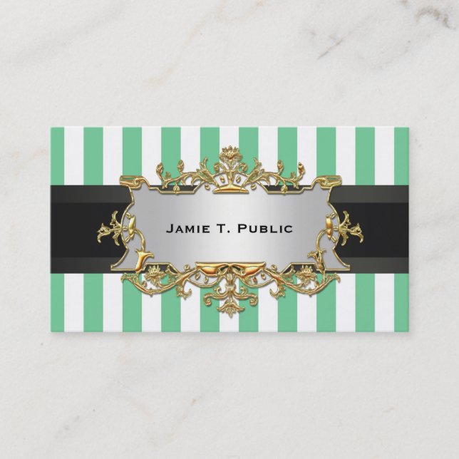 Aqua White Stripe, Black Ribbon, Gold Framed Label Business Card (Front)