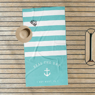 Aqua & White Stripe Boat Name Beach Towel