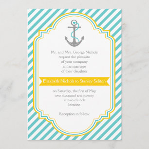 Aqua, white stripes & anchor nautical wedding invitation