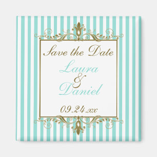 Aqua, White Stripes Gold Scrolls Save the Date Magnet