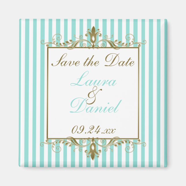 Aqua, White Stripes Gold Scrolls Save the Date Magnet (Front)