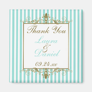 Aqua, White Stripes Gold Scrolls Wedding Favour Magnet