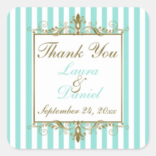 Aqua, White Stripes Gold Scrolls Wedding Favour Square Sticker