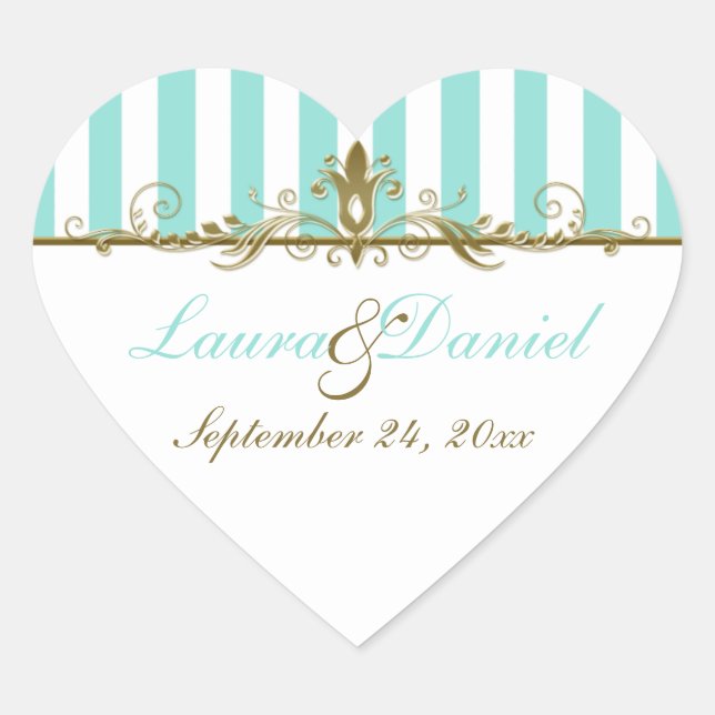 Aqua, White Stripes Gold Scrolls Wedding Sticker (Front)
