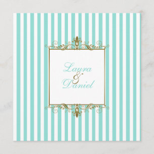 Aqua, White Stripes with Gold Scrolls Invitation
