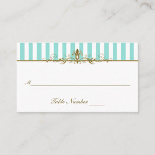 Aqua, White Stripes with Gold Scrolls Placecard