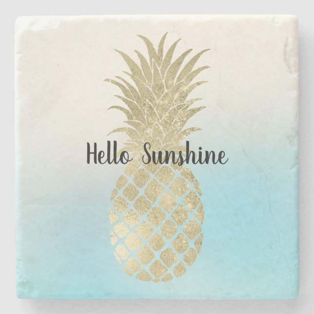 Aqua White Tie Dye Gold Pineapple Stone Coaster (Front)