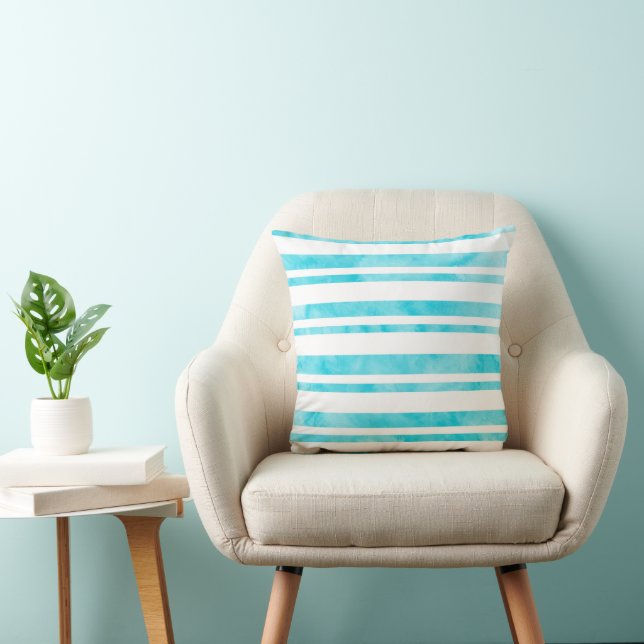 Aqua White Watercolor Stripes Cushion (Chair)
