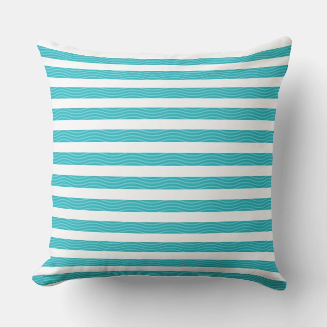 Aqua | White Waves Stripes Beach Style Pattern Cushion (Front)