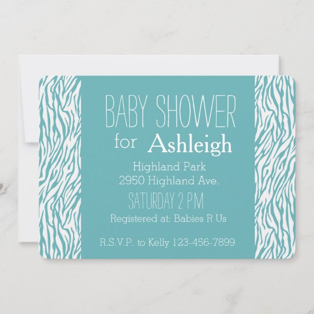 Aqua White Zebra Print baby shower Invitation (Front)