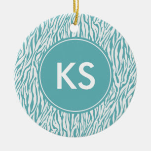 Aqua White Zebra Print monogram Ceramic Tree Decoration