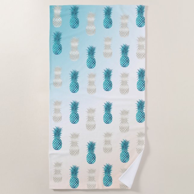 Aqua WhiteTropical Glam Pineapples Beach Towel (Front)