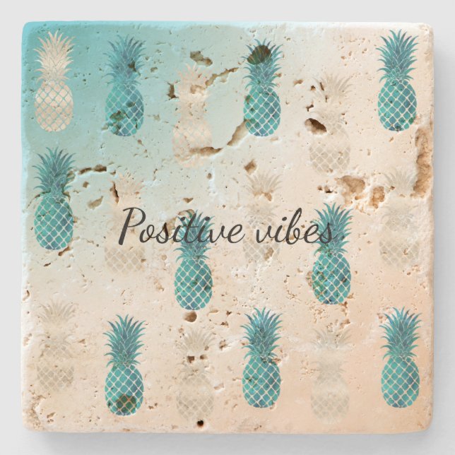Aqua WhiteTropical Glam Pineapples         Stone Coaster (Front)