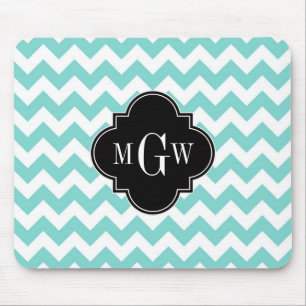 Aqua Wht Chevron Black Quatrefoil 3 Monogram Mouse Mat