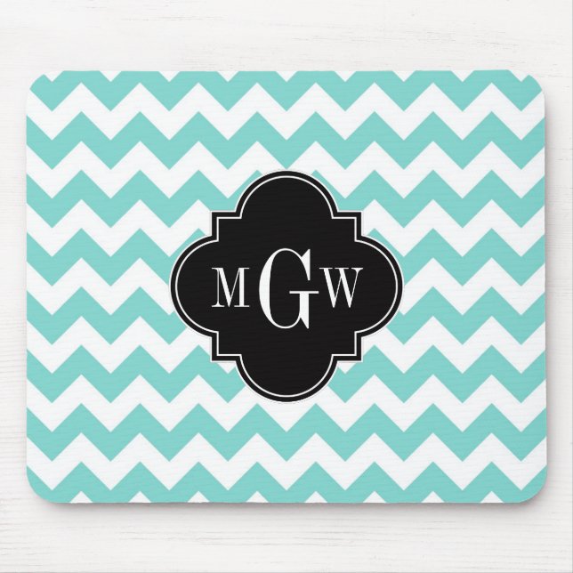 Aqua Wht Chevron Black Quatrefoil 3 Monogram Mouse Mat (Front)