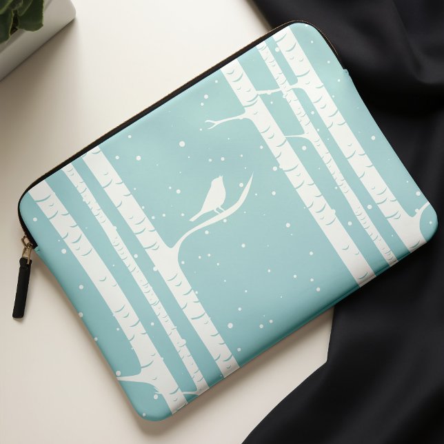 Aqua Winter Birch Trees and Bird Laptop Sleeve (Creator Uploaded)