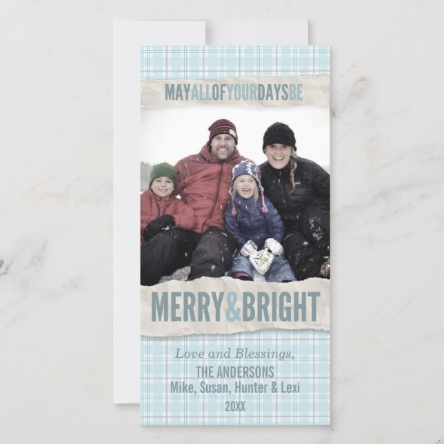 Aqua Winter Plaid Merry/Bright Holiday Photo Card (Front)