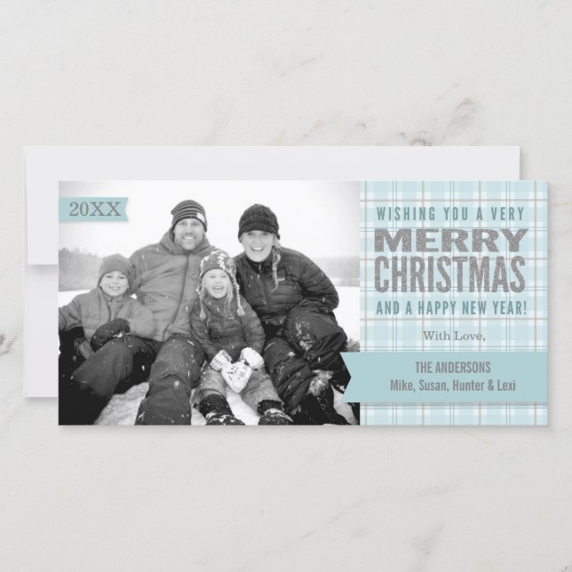 Aqua Winter Plaid Merry Christmas Photo Card (Front)