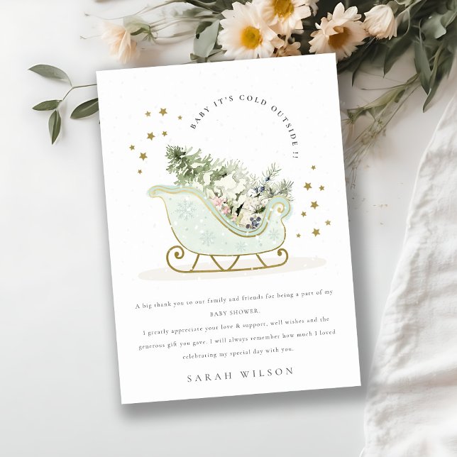 Aqua Winter Sleigh Its Cold Outside Baby Shower Thank You Card (Creator Uploaded)