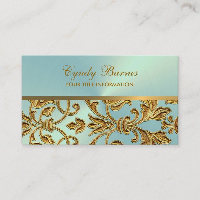 Aqua with Gold Damask Business Card (Front)