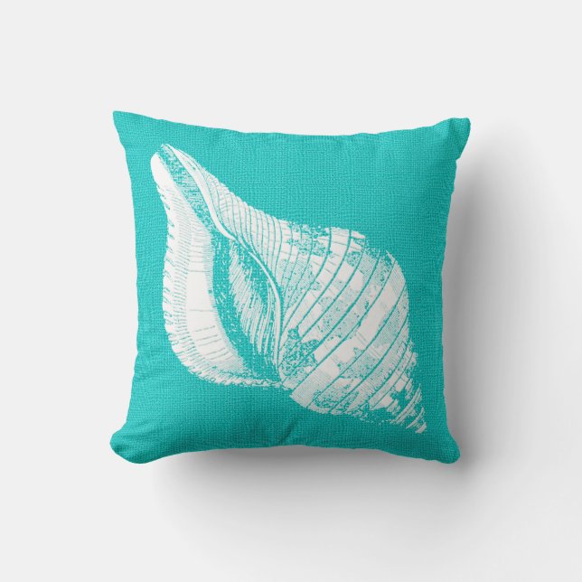 Aqua with White Conch Seashell Burlap Look Cushion (Front)