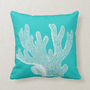 Aqua with White Coral Burlap Look Cushion