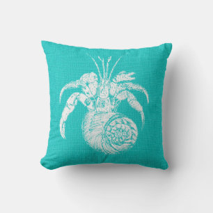 Aqua with White Hermit Crab Burlap Look Cushion