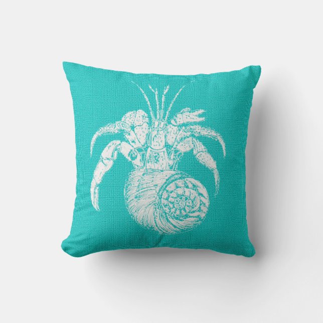 Aqua with White Hermit Crab Burlap Look Cushion (Front)