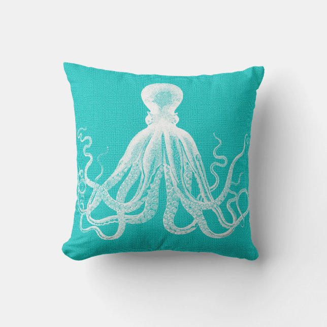 Aqua with White Octopus Burlap Look Cushion (Front)