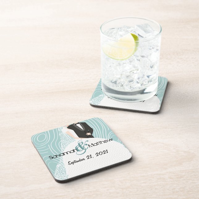 Aqua Wood Grain Pattern Bride and Groom Coasters (Right Side)