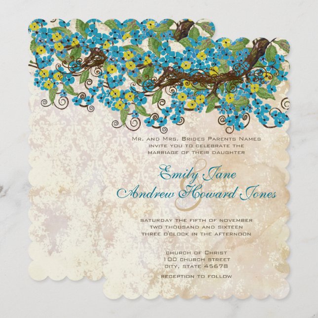 Aqua Yellow Cherry Blossom Tea Stain Invitations (Front/Back)