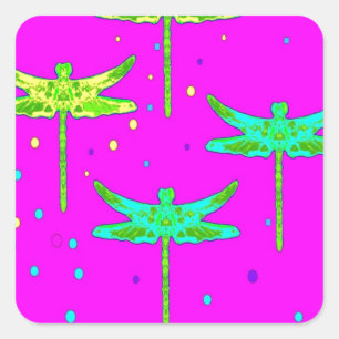 Aqua-Yellow Dragonflies  Cerise Purple by SHARLES Square Sticker