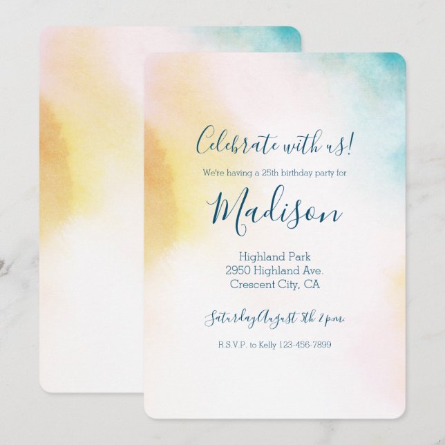 Aqua Yellow Gold Blush Tie Dye Ombre Invitation (Front/Back)