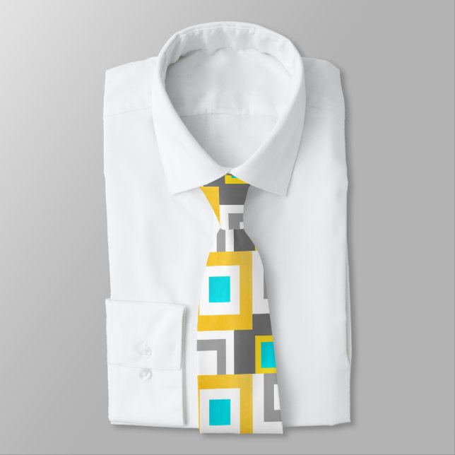 Aqua Yellow Gray Geometric Squares Pattern Tie (Tied)