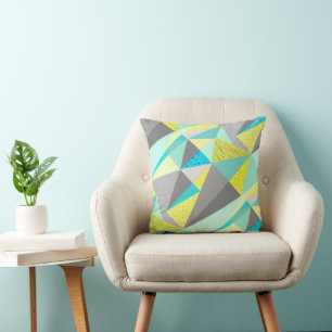 Aqua Yellow Grey Abstract Triangle Pattern Cushion