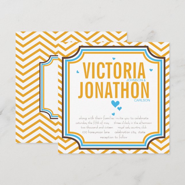 Aqua Yellow Modern Zig Zag Typography Wedding Invitation (Front/Back)